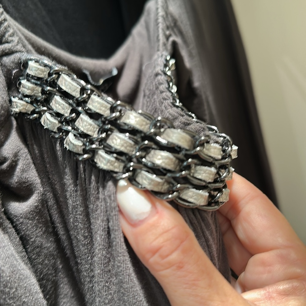 Sky Gunmetal Gray Top with Ruched Sleeves and Bottom Hem Chain Embellishments - Picture 4 of 4